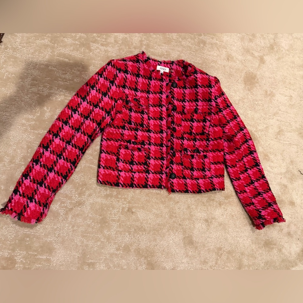 Chic Pink and Black Checkered Tweed Jacket